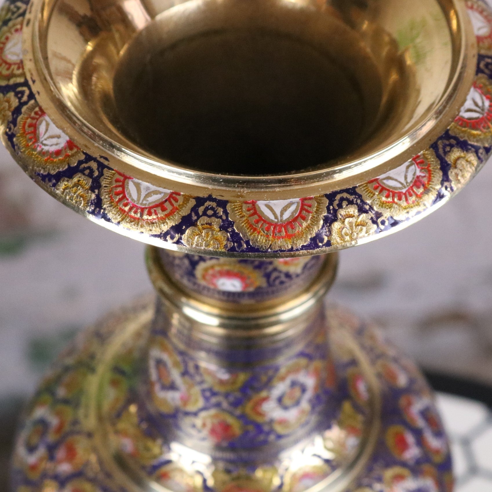 Vintage Brass Vase Pair 45cm Hand Painted and Etched - Blue Vase Rim