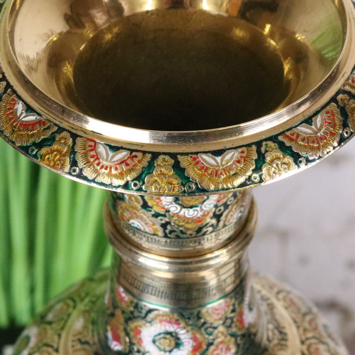 Vintage Brass Vase Pair 45cm Hand Painted and Etched - Green Vase Rim