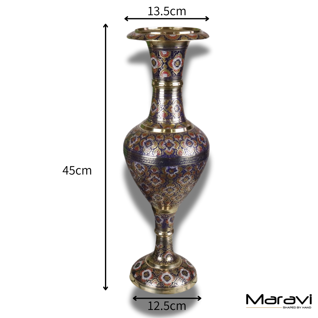Vintage Brass Vase Pair 45cm Hand Painted and Etched - Dimensions