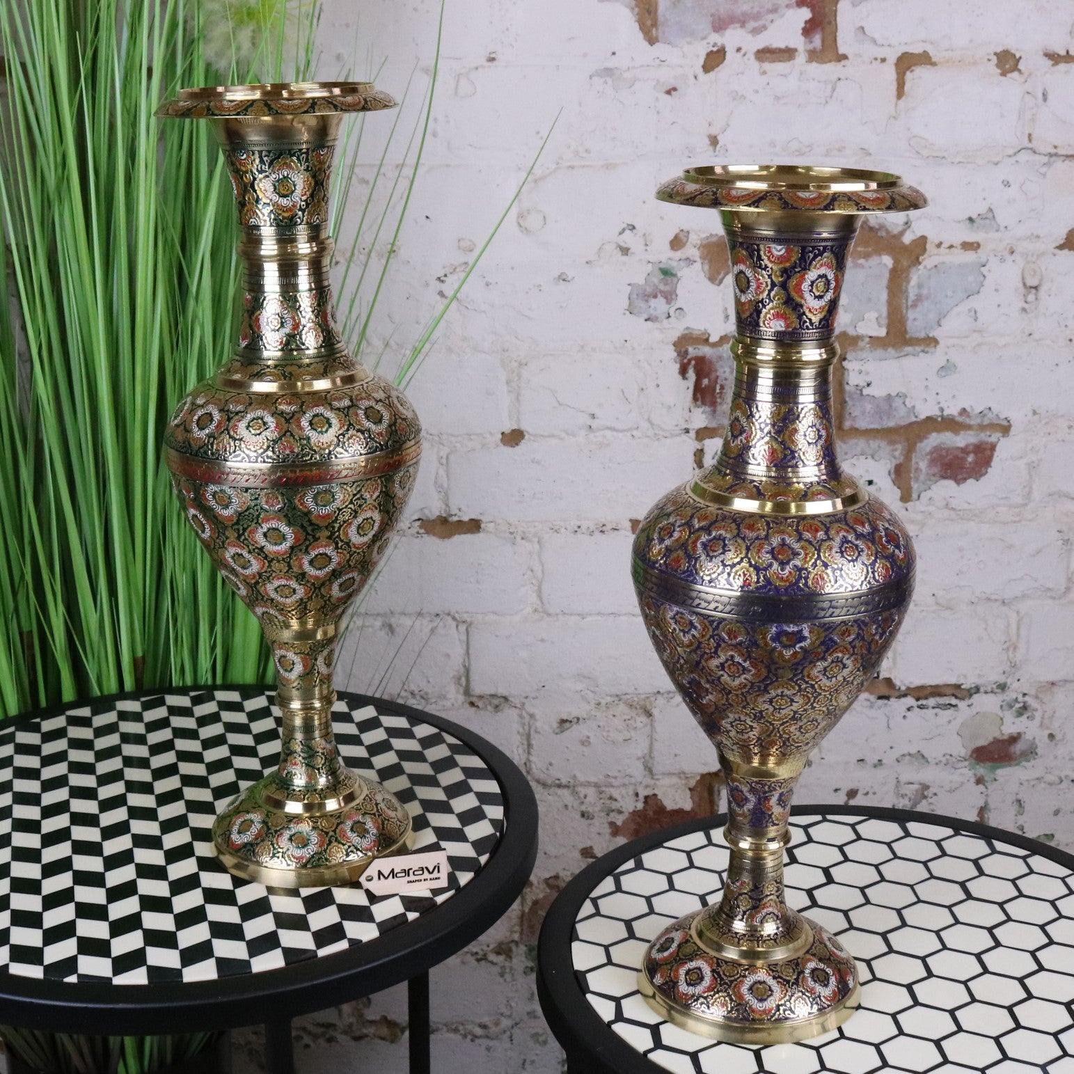 Vintage Brass Vase Pair 45cm Hand Painted and Etched - Front View