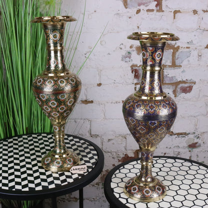 Vintage Brass Vase Pair 45cm Hand Painted and Etched - Front View