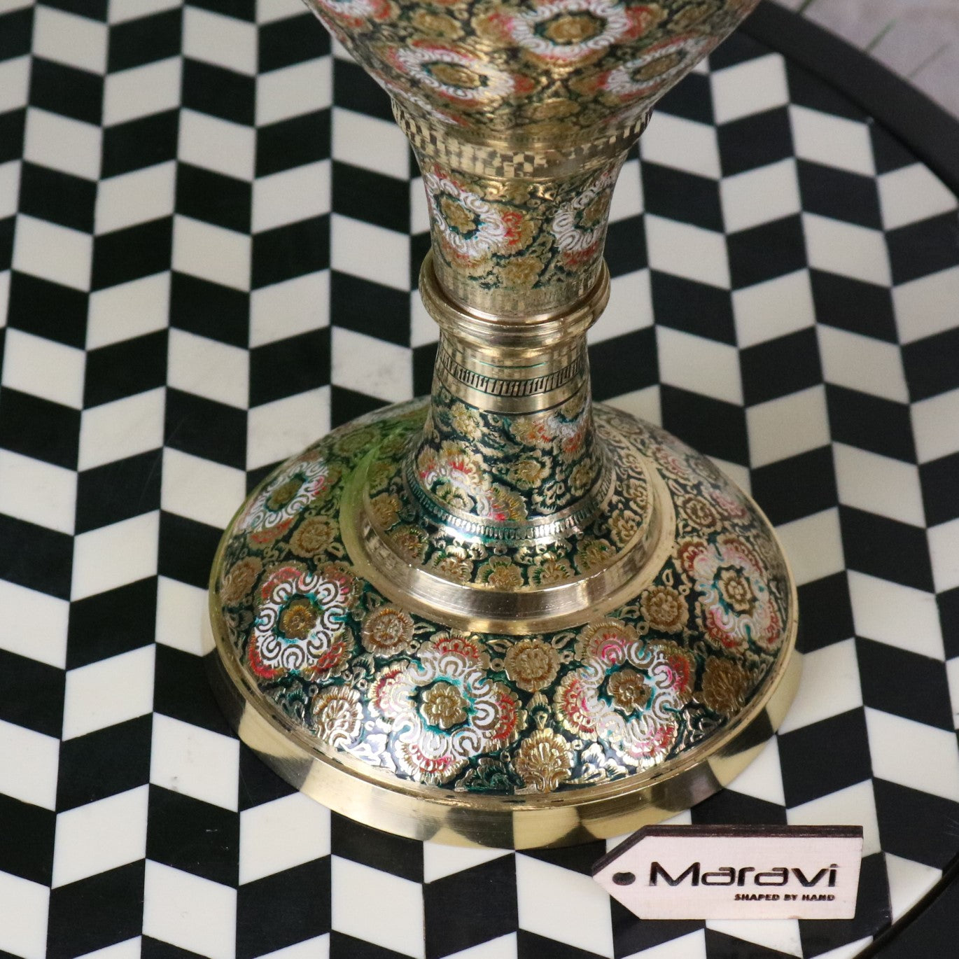 Vintage Brass Vase Pair 45cm Hand Painted and Etched - Closeup of Green Vase Base