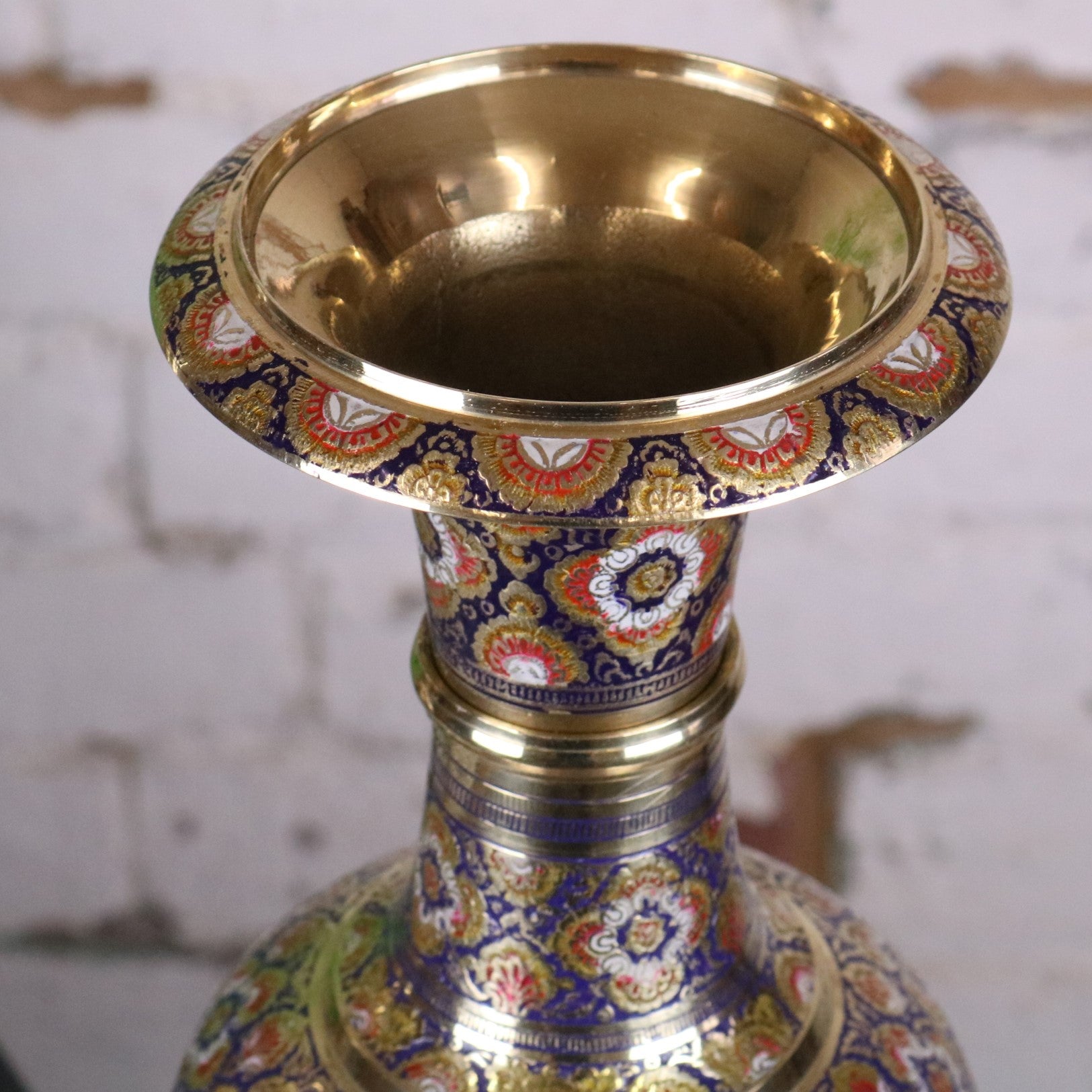 Vintage Brass Vase Pair 45cm Hand Painted and Etched - Blue Vase Top Half