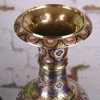 Vintage Brass Vase Pair 45cm Hand Painted and Etched - Blue Vase Top Half