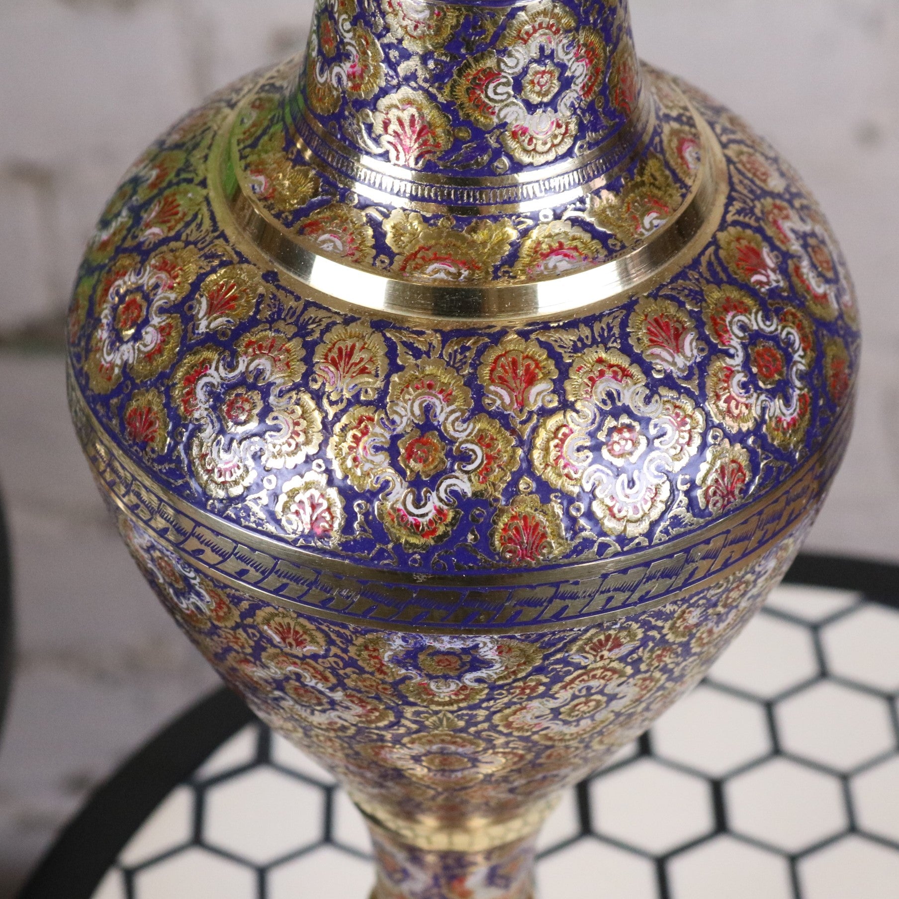 Vintage Brass Vase Pair 45cm Hand Painted and Etched - Blue Vase Middle Section