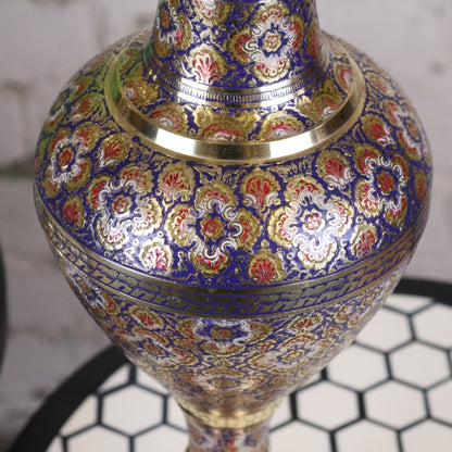 Vintage Brass Vase Pair 45cm Hand Painted and Etched - Blue Vase Middle Section