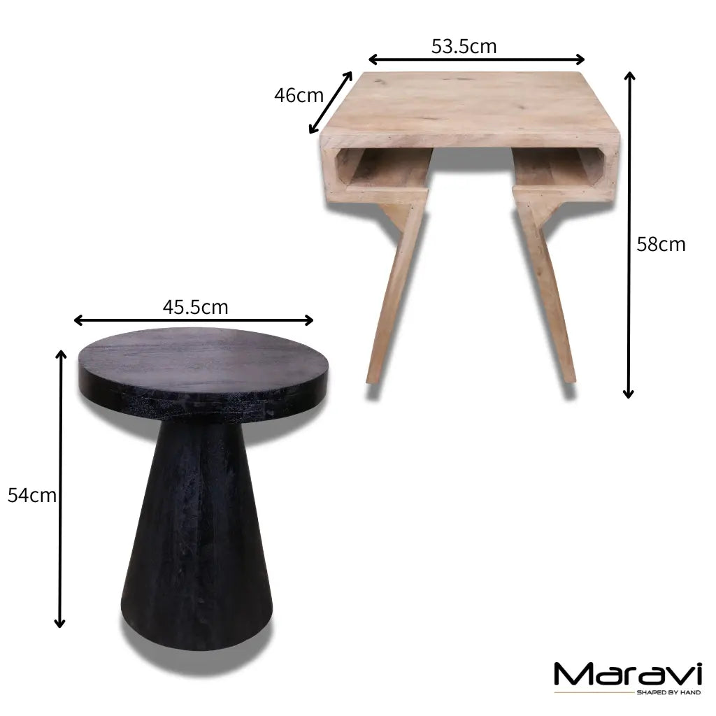 Vireli Side Table Set of 2 Rectangular and Round - Dimensions