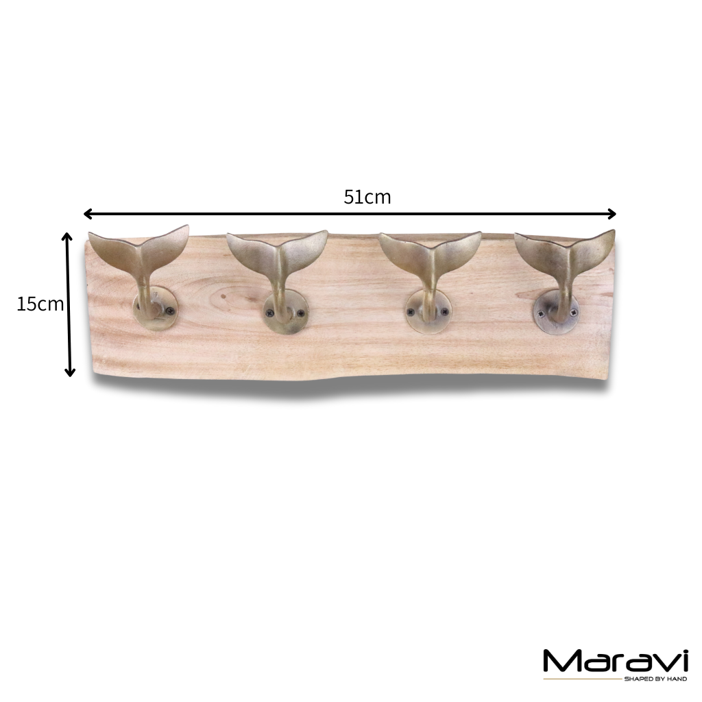 Whale Tail Hooks on Natural Wood Plank Gold - Dimensions