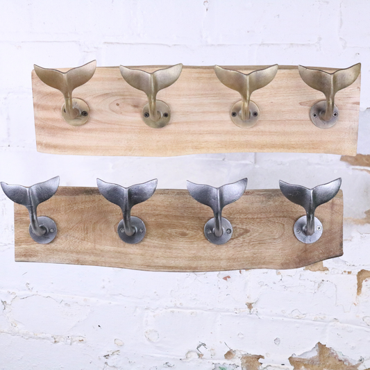 Whale Tail Hooks on Natural Wood Plank - Main Image Both Colours