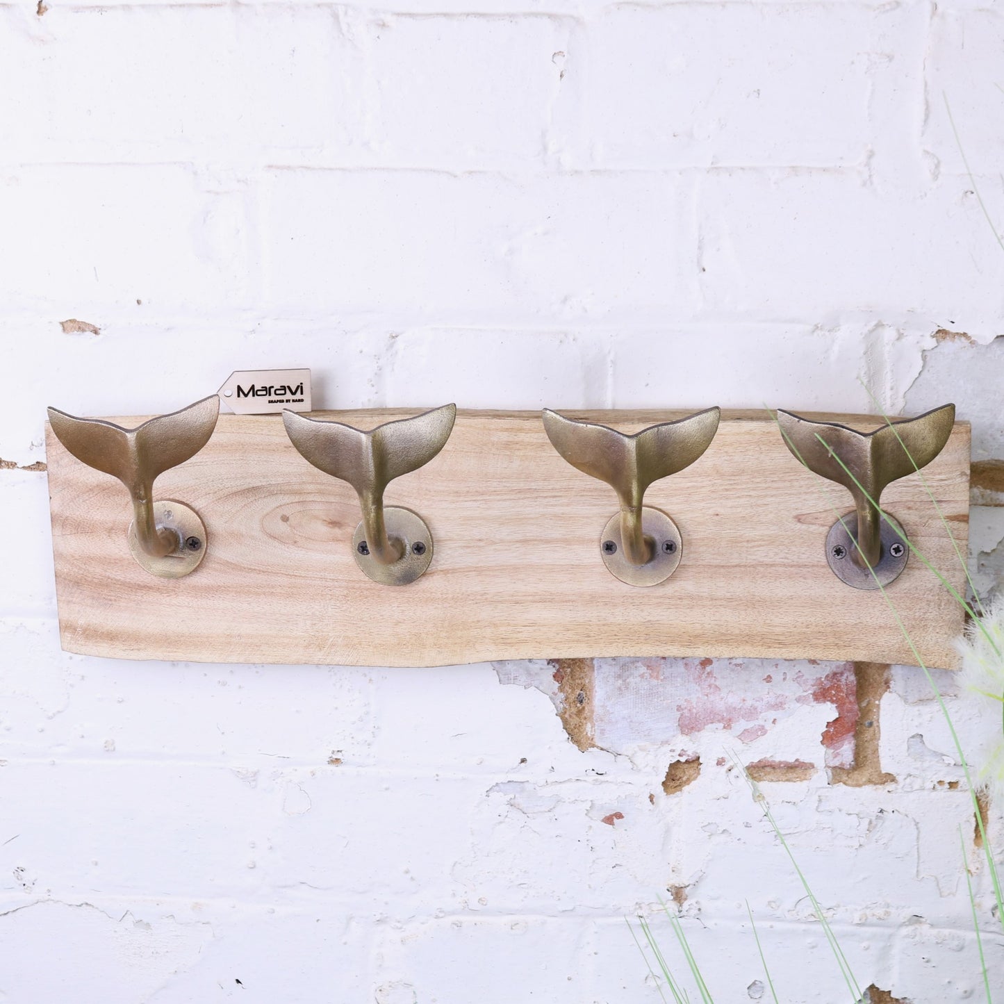Whale Tail Hooks on Natural Wood Plank Gold - Main Image