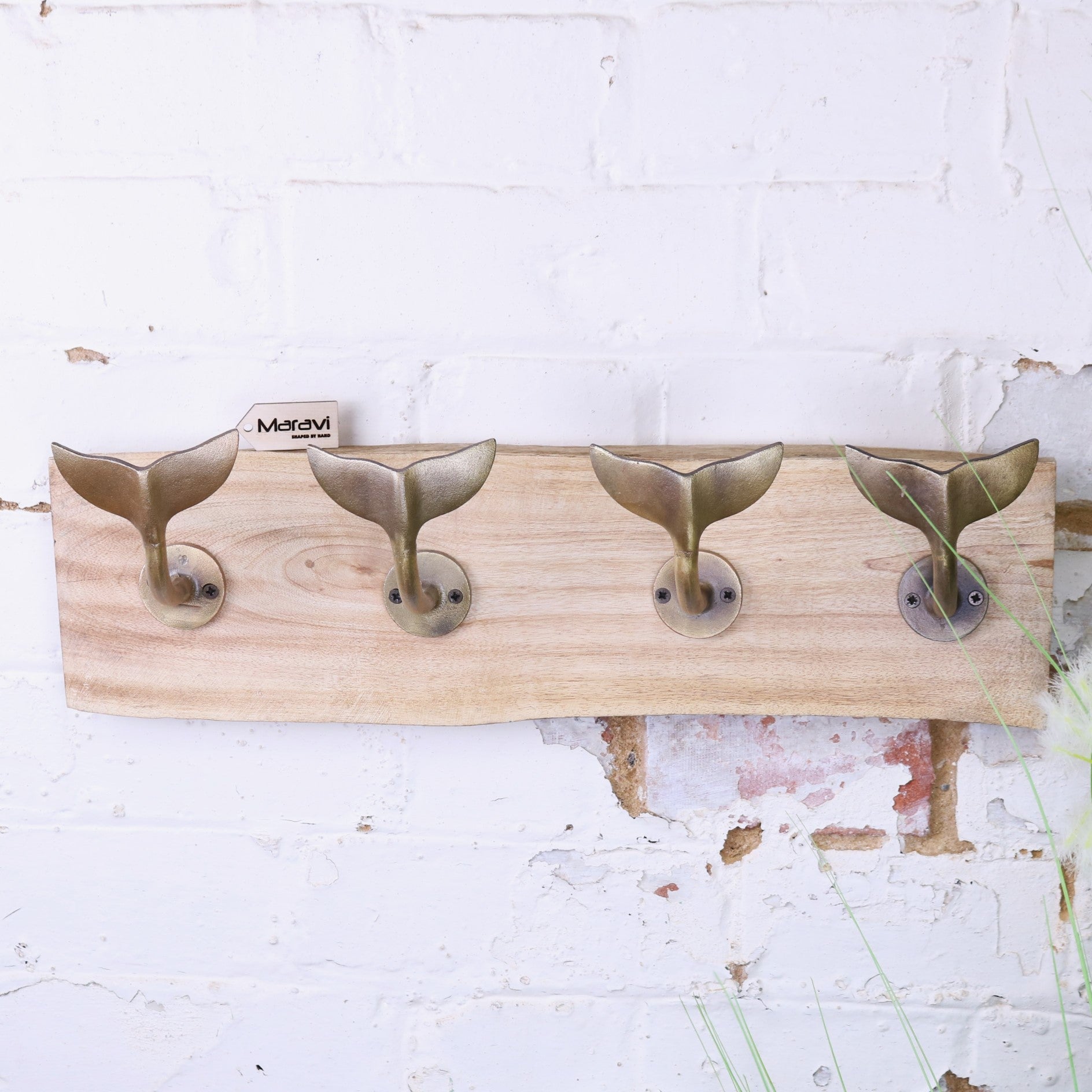 Whale Tail Hooks on Natural Wood Plank Gold - Main Image