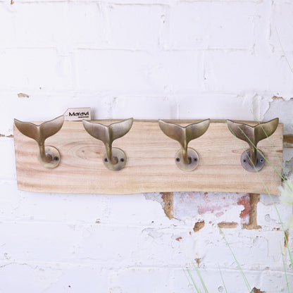 Whale Tail Hooks on Natural Wood Plank Gold - Main Image