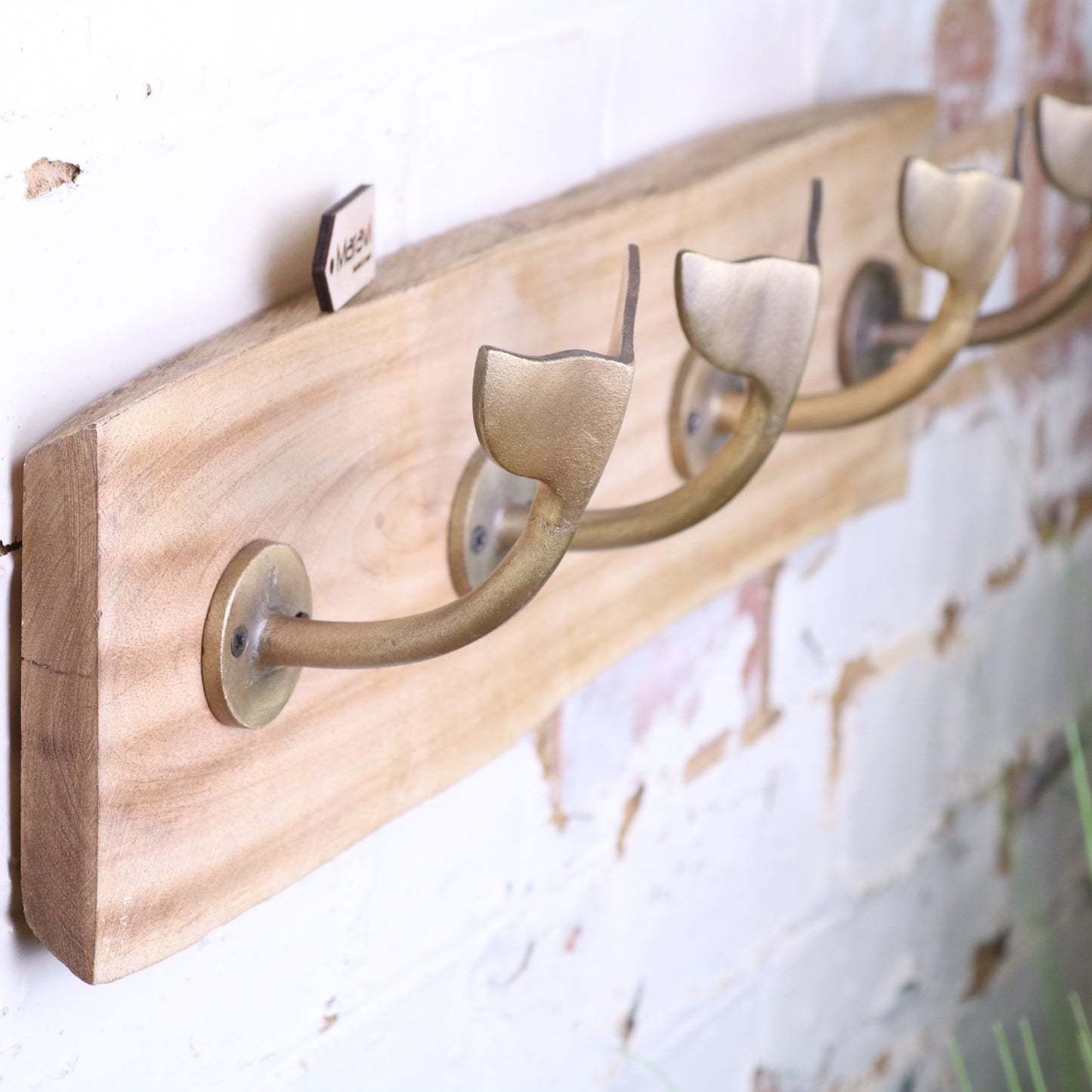 Whale Tail Hooks on Natural Wood Plank Gold - Side View