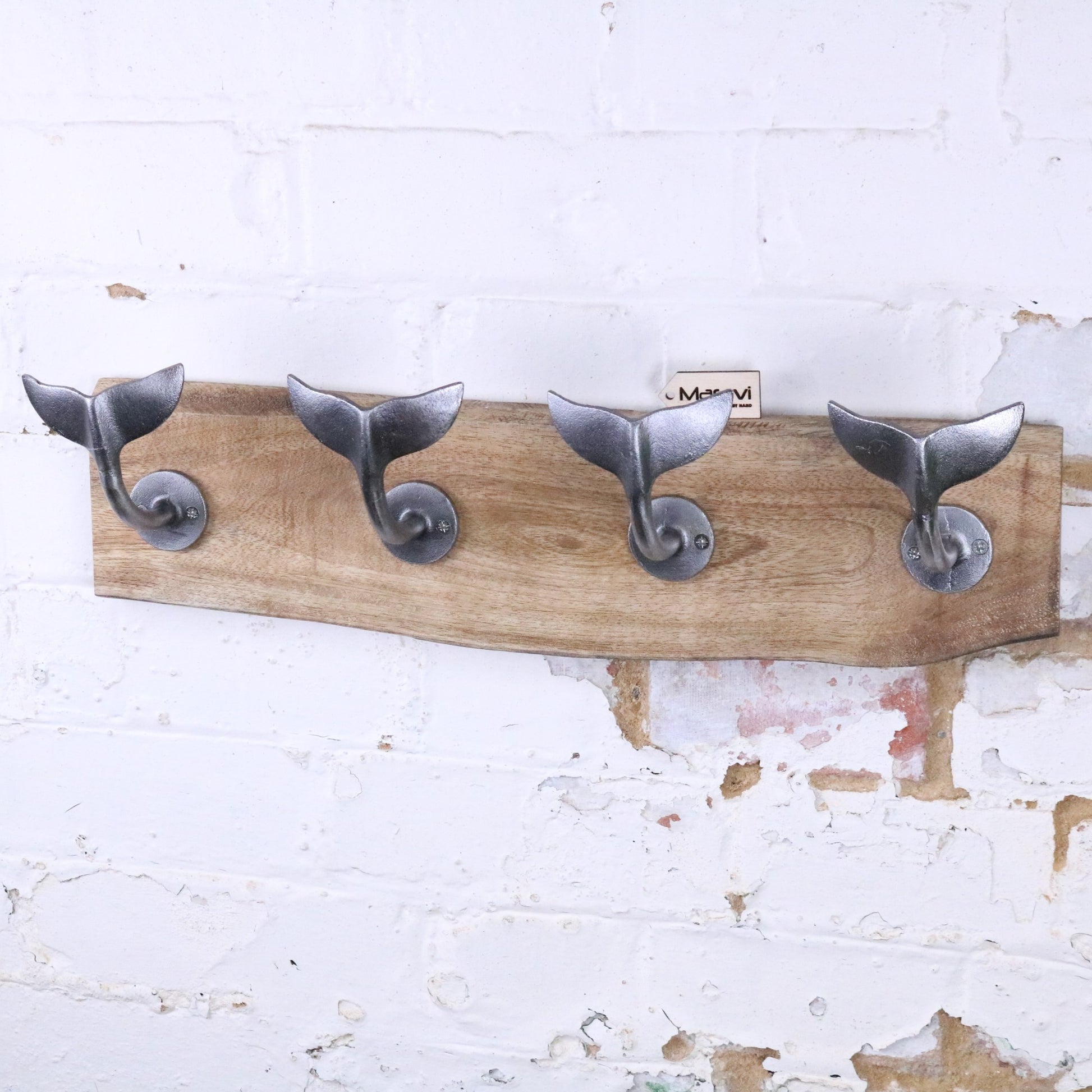 Whale Tail Hooks on Natural Wood Plank Silver - Main Image