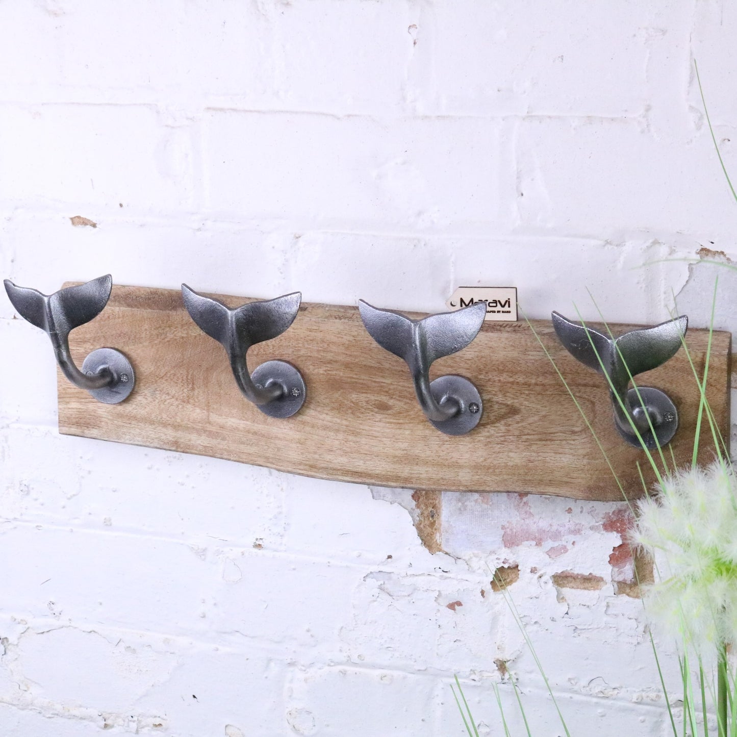 Whale Tail Hooks on Natural Wood Plank Silver - Angled View