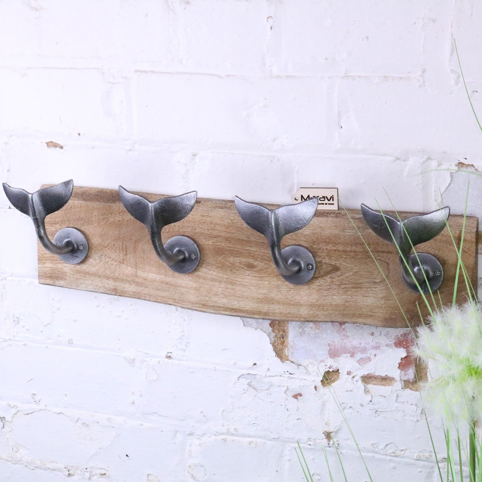 Whale Tail Hooks on Natural Wood Plank Silver - Angled View