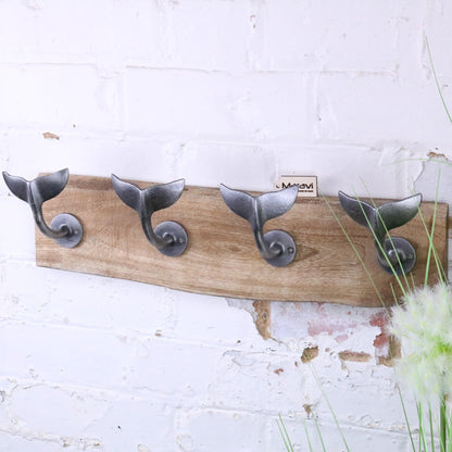 Whale Tail Hooks on Natural Wood Plank Silver - Angled View