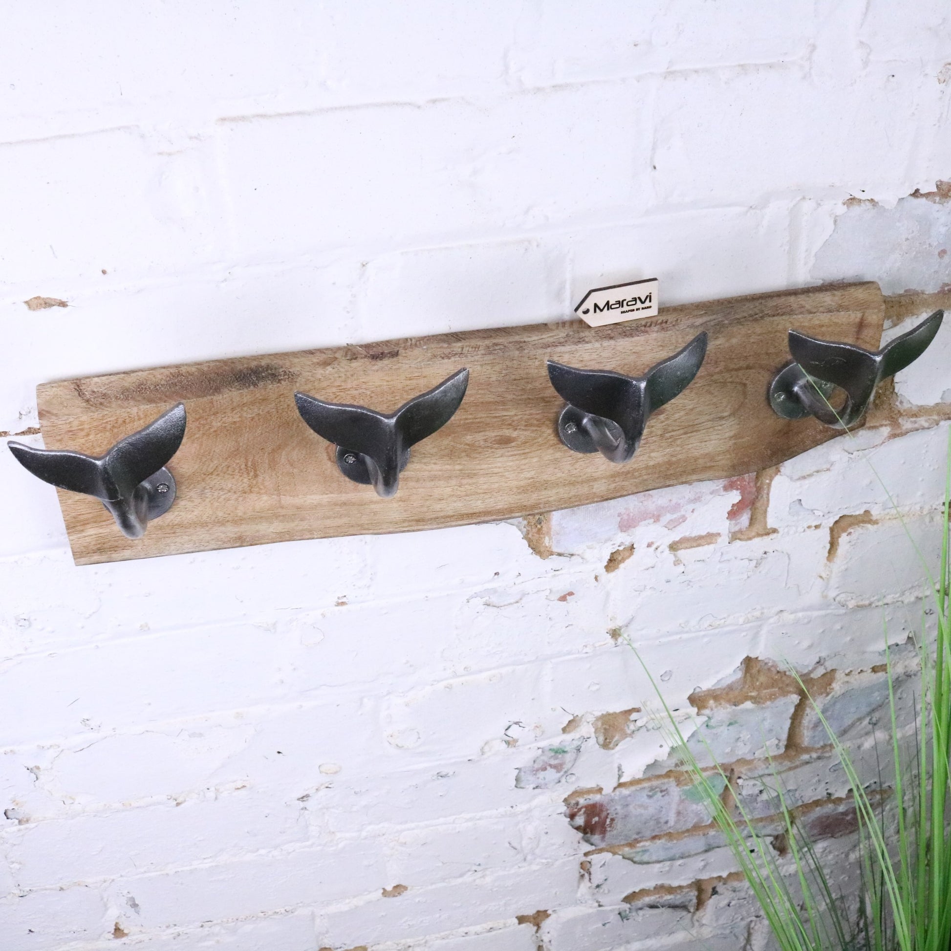 Whale Tail Hooks on Natural Wood Plank Silver - Top View