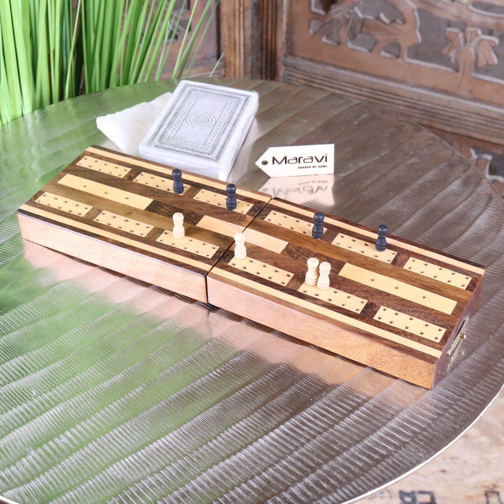 Zari Folding Travel Cribbage Set - Top View In Play