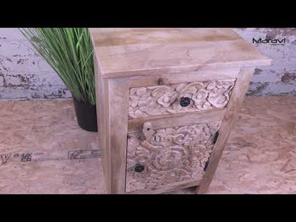 Nausel Mango Wood Bedside Cabinet Hand Carved