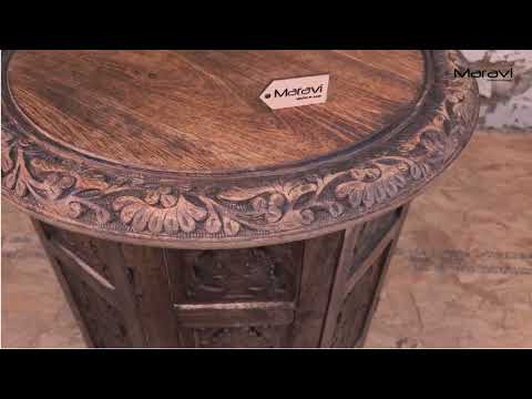 Rengali Large Mango Wood Side Table Leaf Carving Product Video