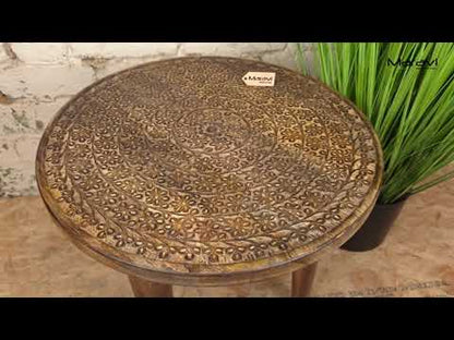 Rawlan Carved Wooden Side Table Burnt Finish