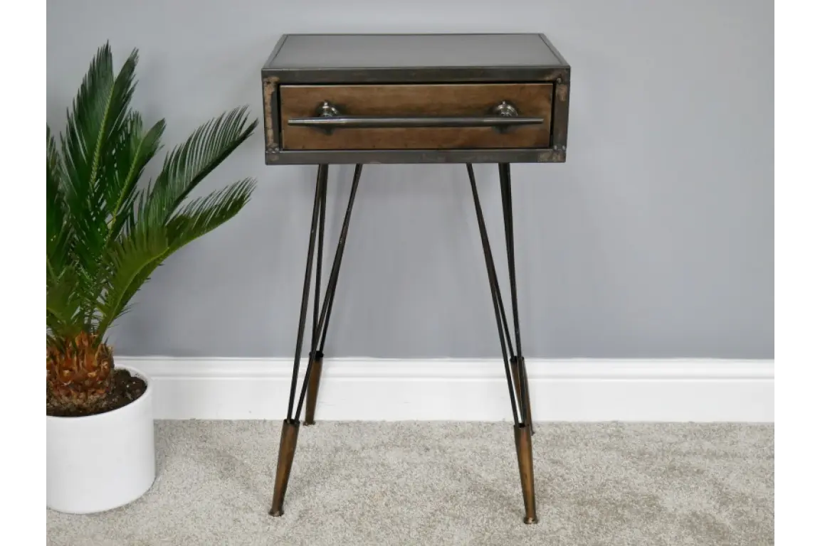 Kukuti Industrial Metal Bedside Cabinet Angled Front View