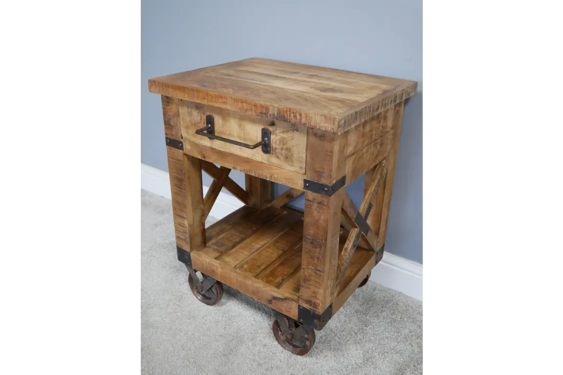 Panderi Railway Style Side Table with Drawer Side View