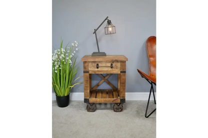 Panderi Railway Style Side Table with Drawer Zoomed Out Front View