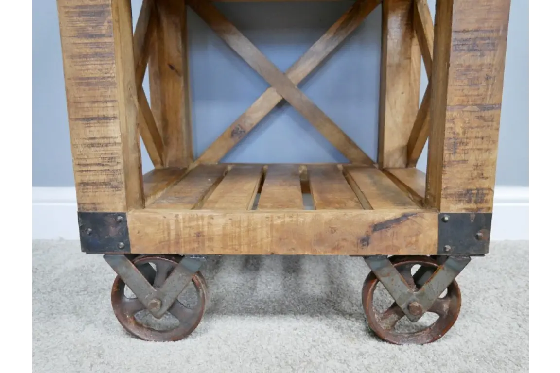 Panderi Railway Style Side Table with Drawer Closeup of Wheels