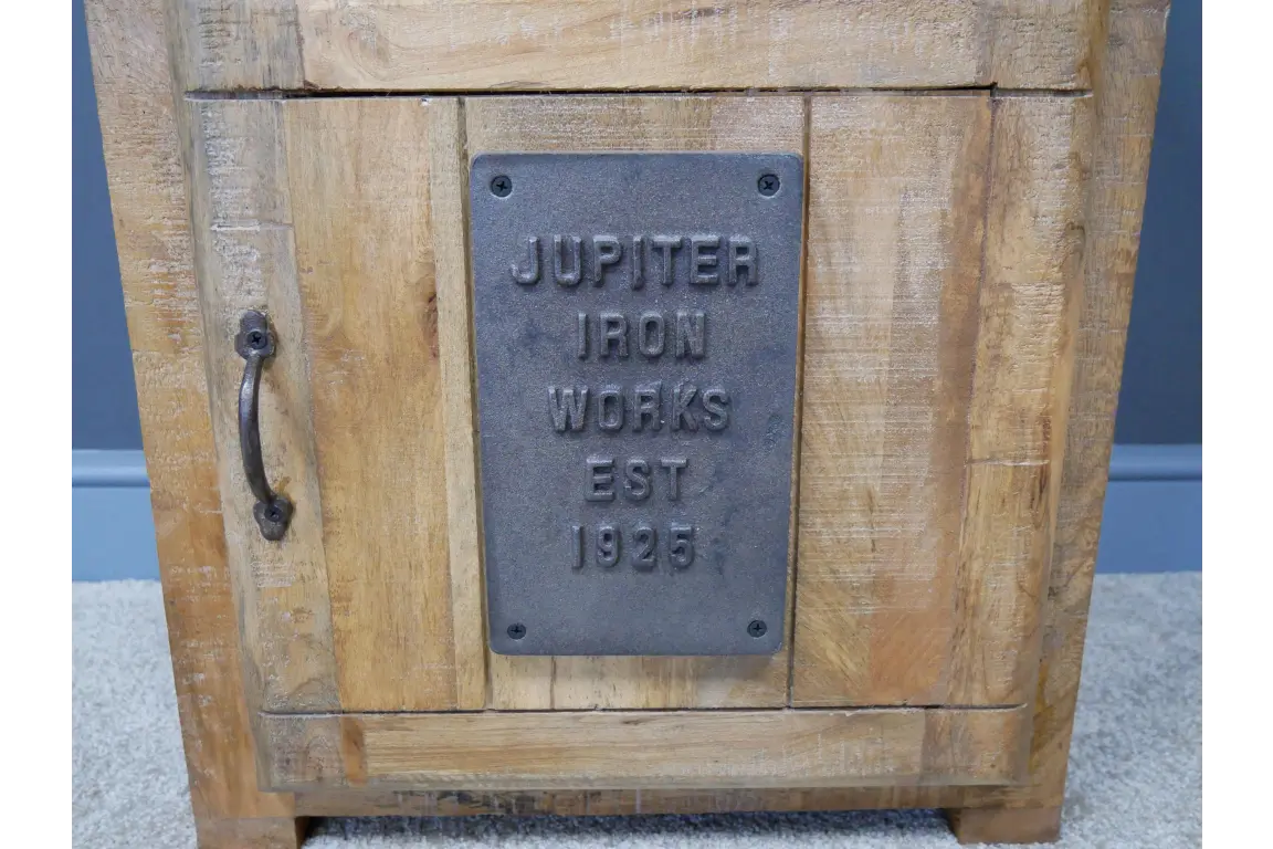Jupiter Iron Works Industrial Bedside Cabinet Closeup of Metal Sign