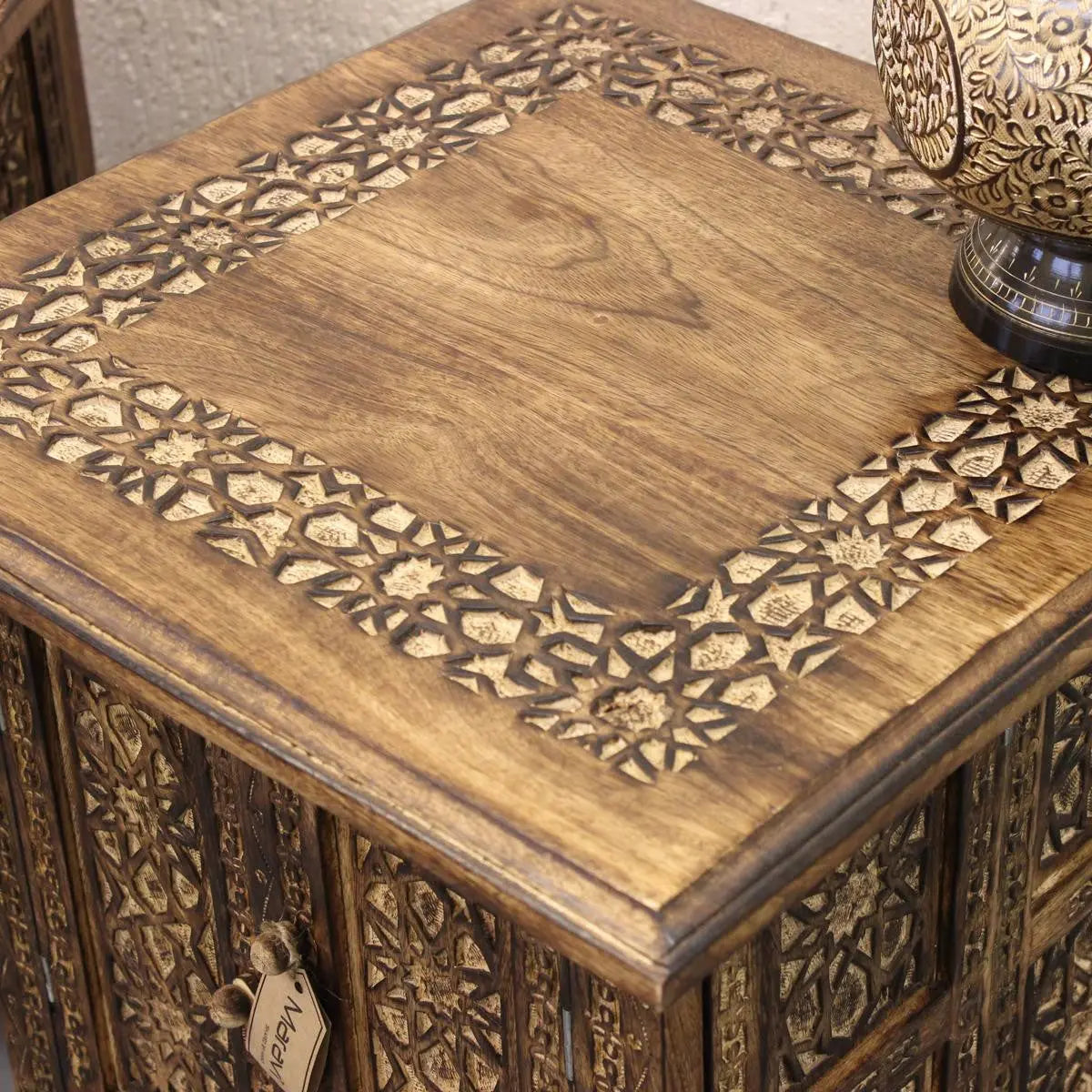 Mehanadi Set of 2 Square Side Tables Moroccan Style Carving Storage Co ...