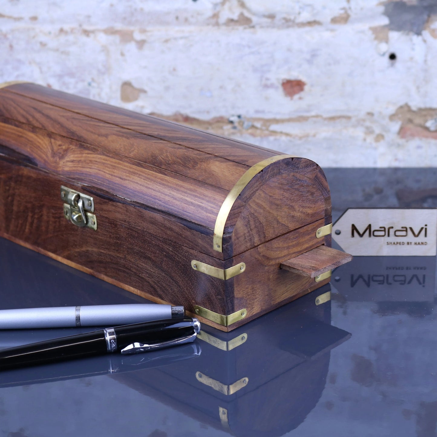 Dala Chest Style Pen Box with Secret Compartment Closeup