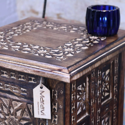 Mehanadi Wooden 30cm Hand Carved Moroccan Style Table - Closeup of Corner