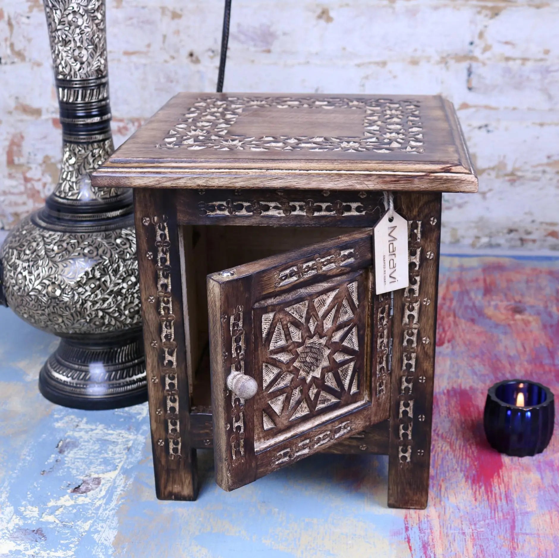 Mehanadi Wooden 30cm Hand Carved Moroccan Style Table - Door Open