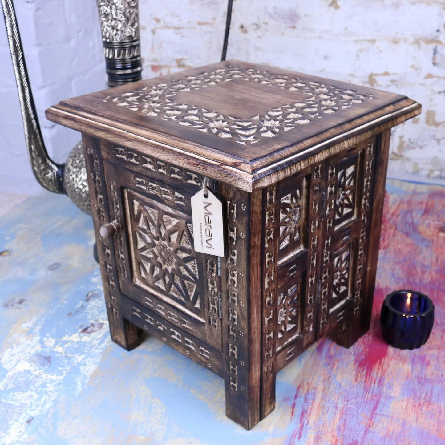 Mehanadi Wooden 30cm Hand Carved Moroccan Style Table - Side View