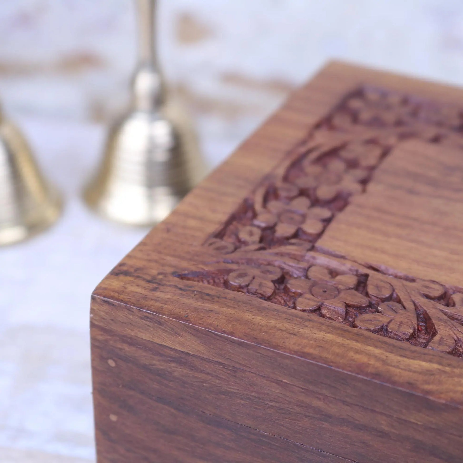 Betwa 20cm Wooden Trinket Box Floral Design Secret Lock Closeup of Carving