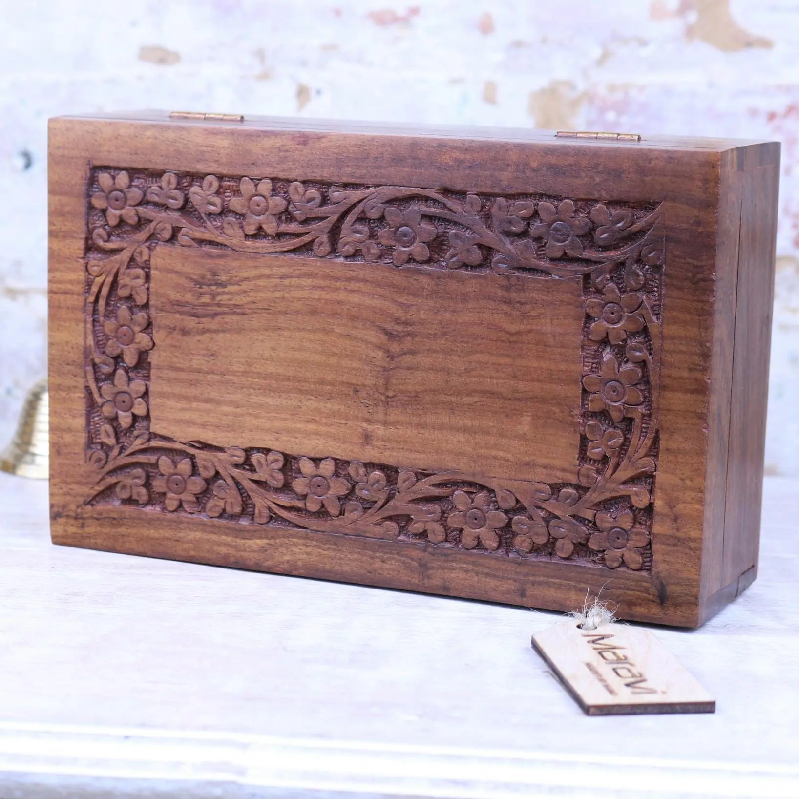 Betwa 20cm Wooden Trinket Box Floral Design Secret Lock Side on View
