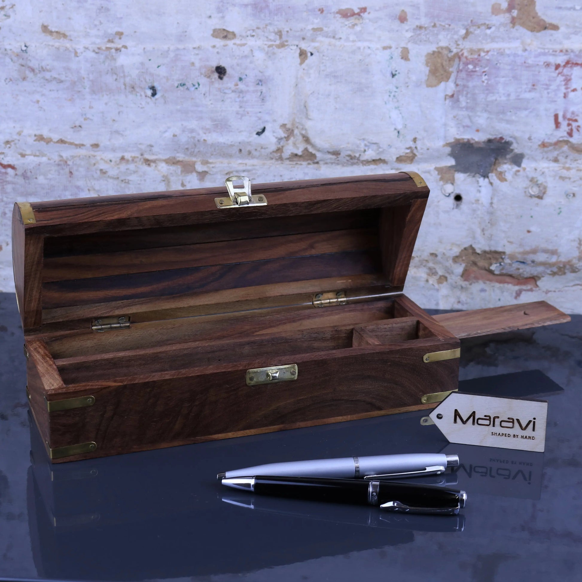 Dala Chest Style Pen Box with Secret Compartment Open