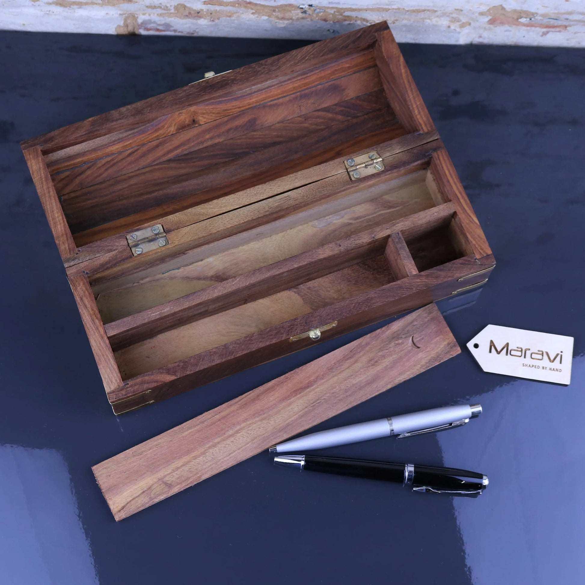 Dala Chest Style Pen Box with Secret Compartment Lid Taken Out