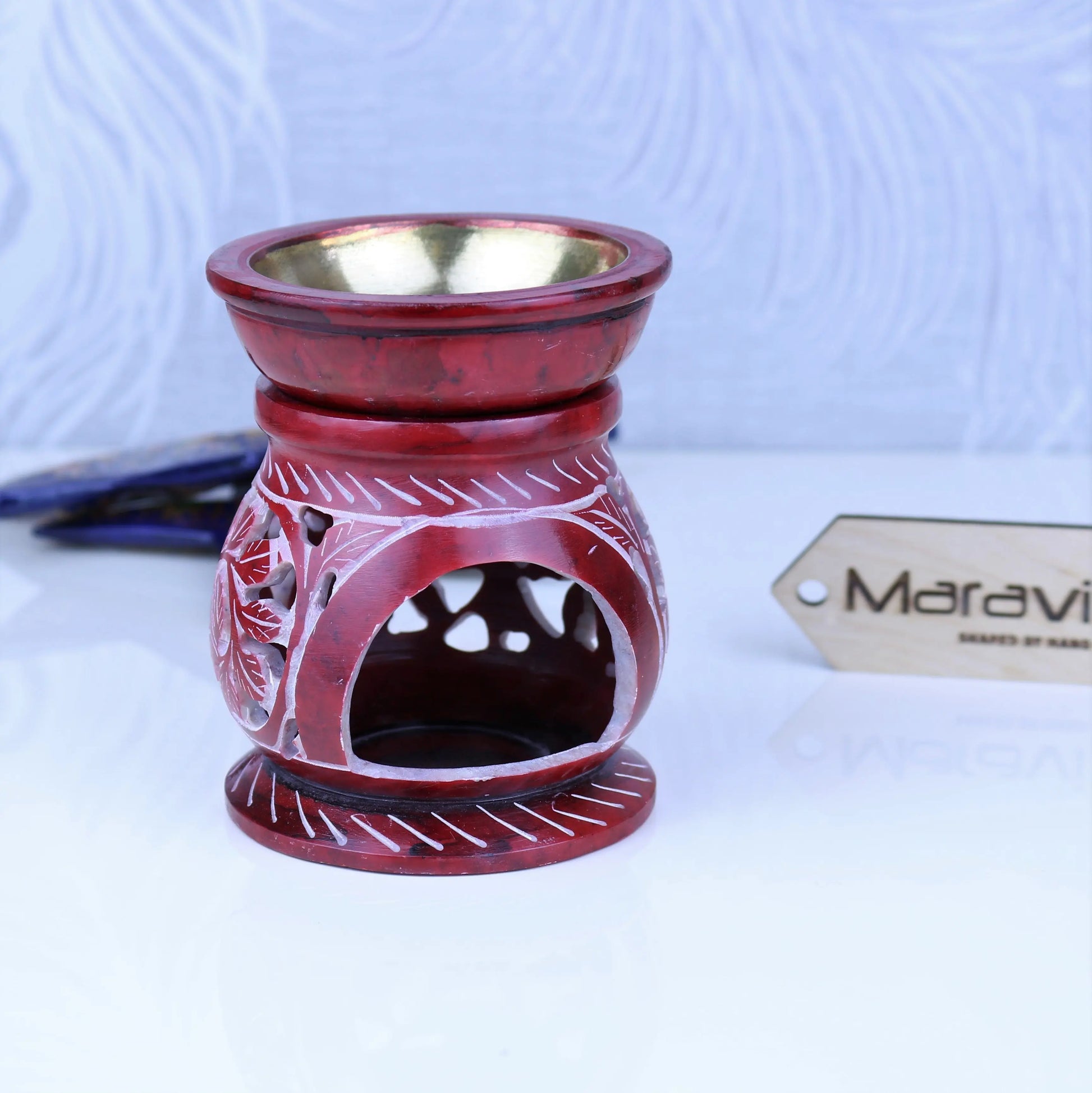 Saral Red Carved Soapstone Oil Burner Candle Opening
