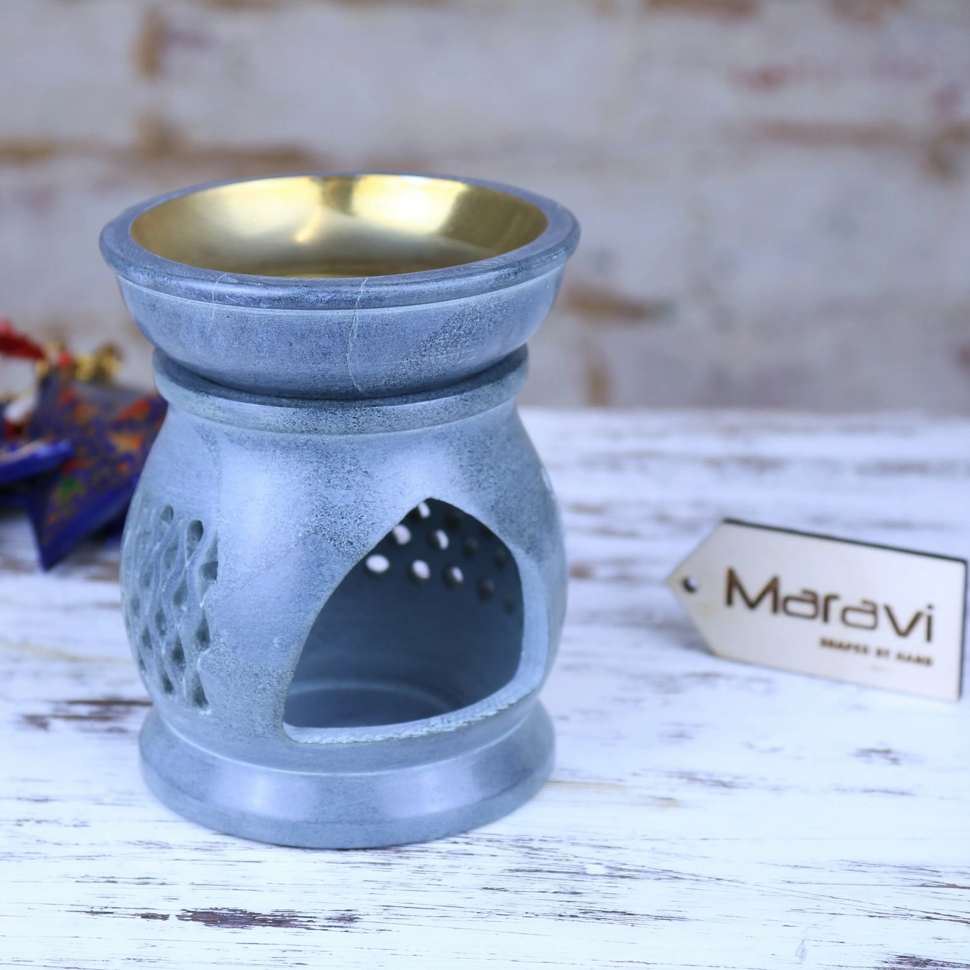 Nokari Grey Carved Soapstone Oil Burner Design A Candle Opening