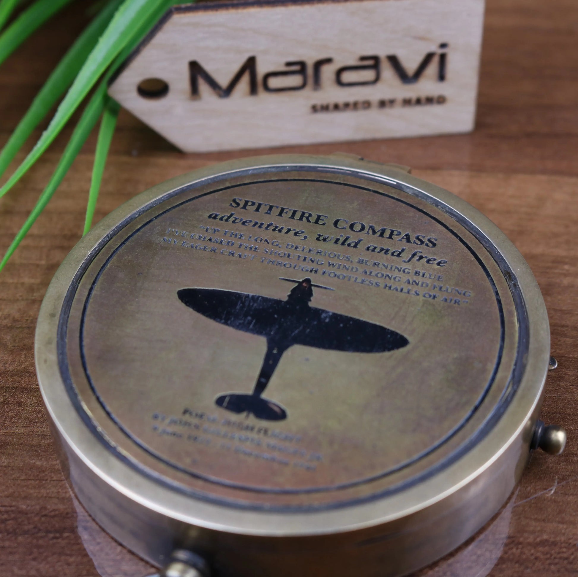 Spitfire Pocket Compass with High Fligh Poem Closeup
