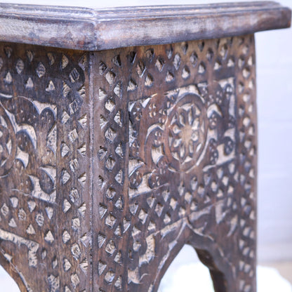 Jogi Mango Wood Side Table Temple Shape Small Size Closeup of Carving