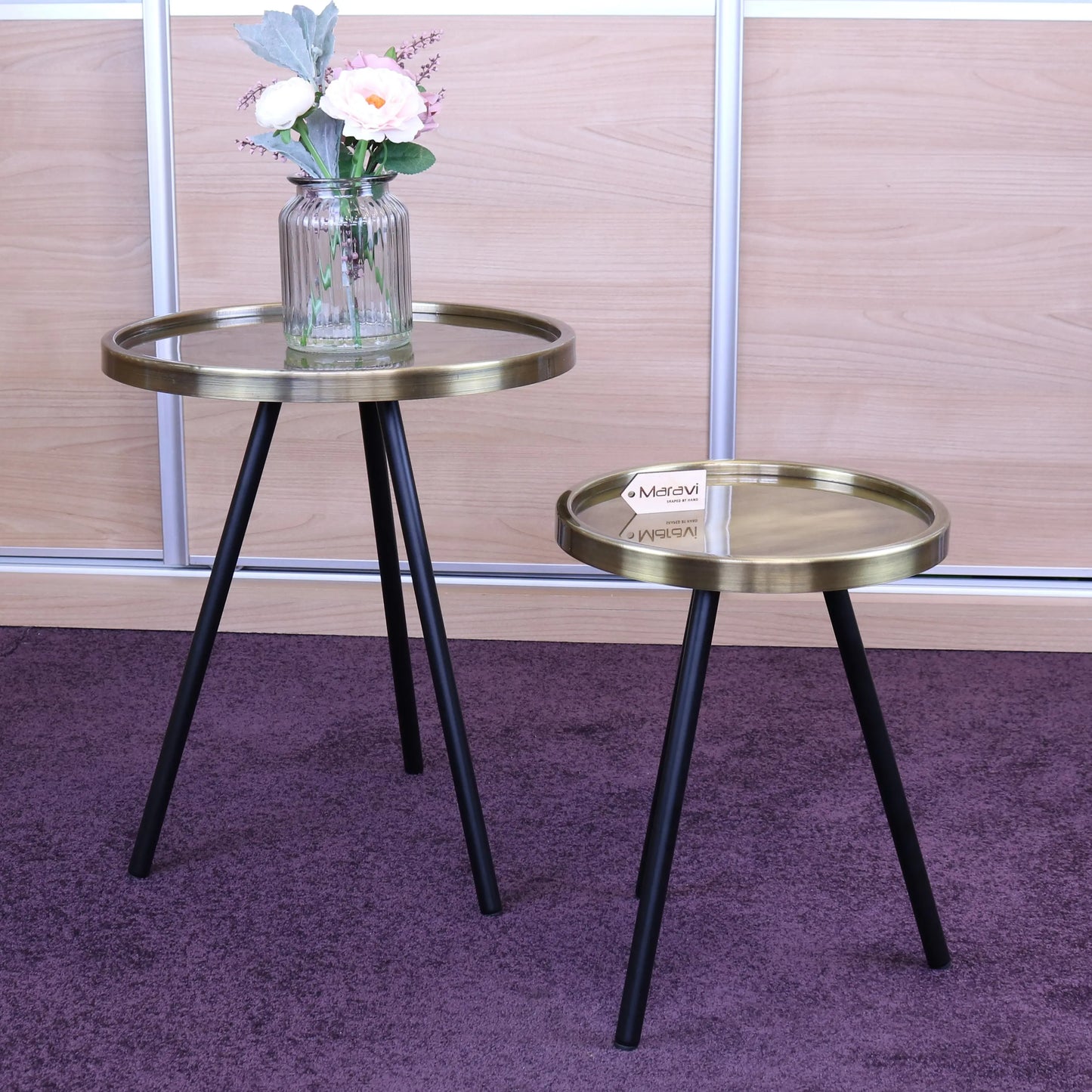 Ari Set of 2 Round Gold Side Tables Tripod Legs Main Image