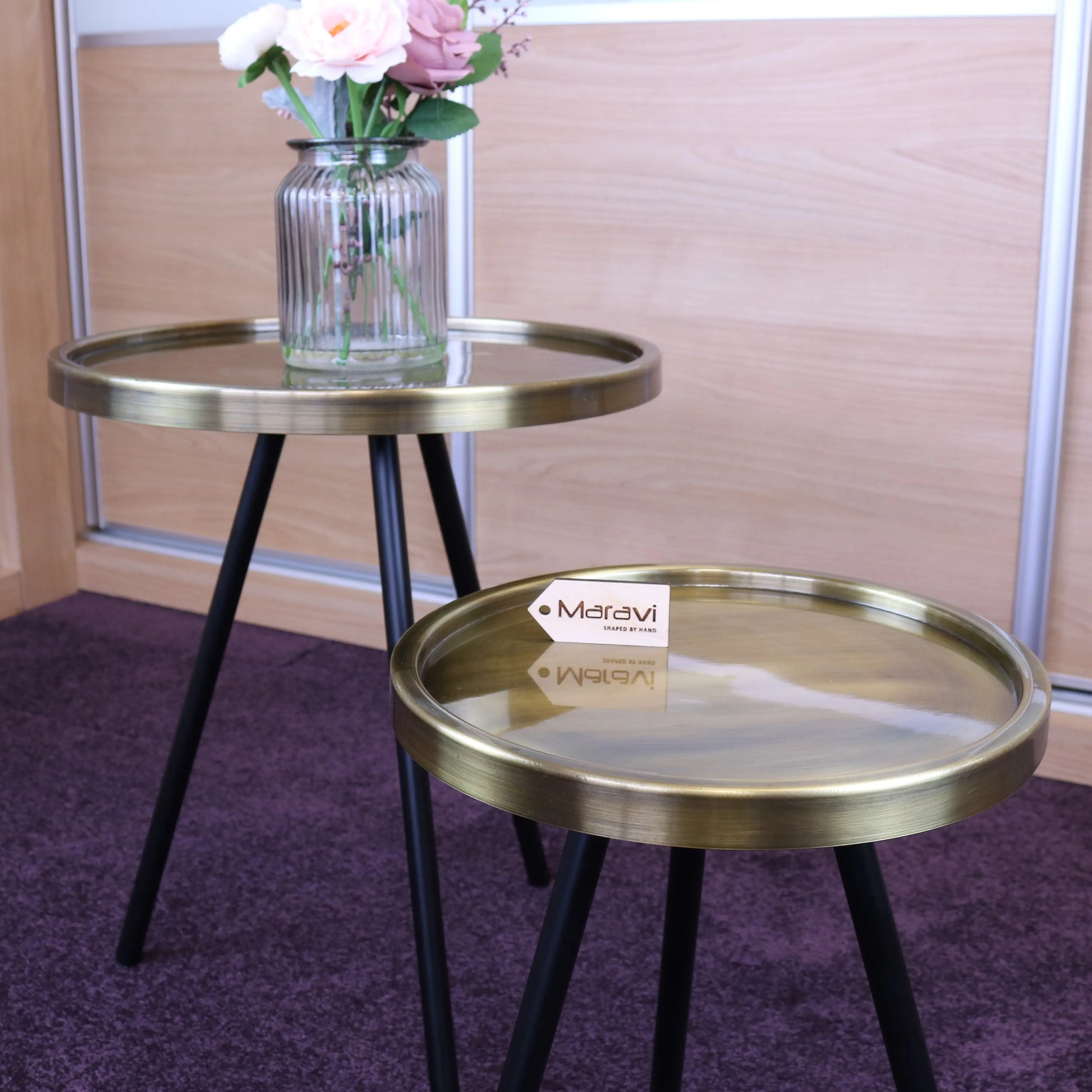 Ari Set of 2 Round Gold Side Tables Tripod Legs Top Angled View