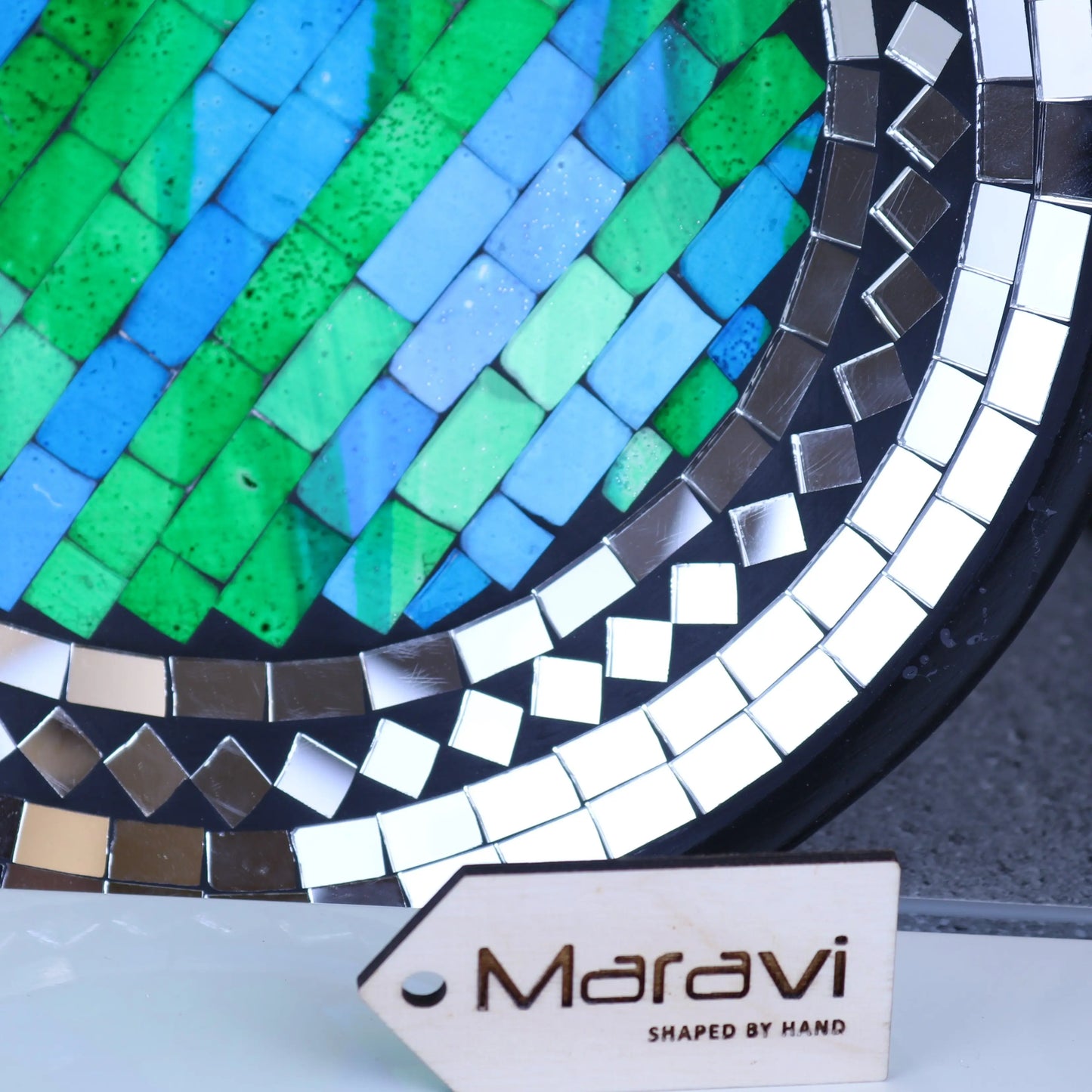 Vill Mosaic Bowl 28cm Turquoise and Mirror Closeup View