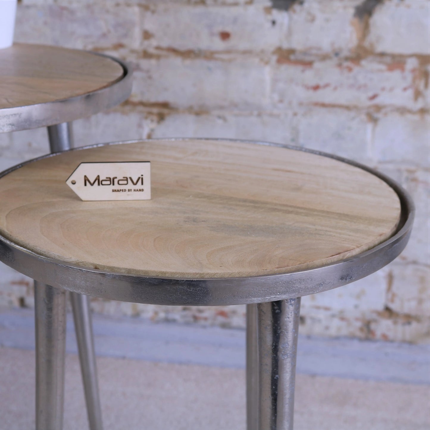 Set of 2 Aluminium Rough Cast Tables with Mango Wood Tops