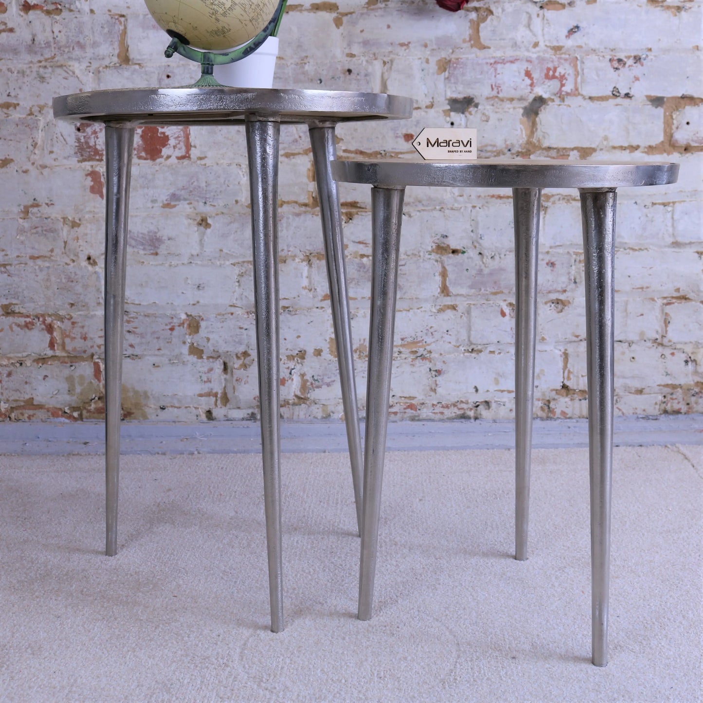Set of 2 Aluminium Rough Cast Tables with Mango Wood Tops Maravi