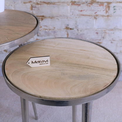 Set of 2 Aluminium Rough Cast Tables with Mango Wood Tops Maravi